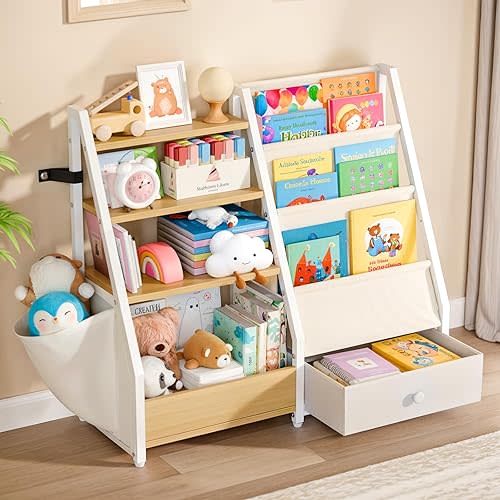 Kids Bookshelf and Toy Storage - Kids Book Shelf for Kids Rooms, Toddler Bookshelf Baby Bookcase for Nursery, Montessori Toy Organizer, Burlywood