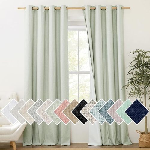 NICETOWN Sage Green Blackout Linen Curtains 95 inches Long, 2 Pieces, 52" Wide Each Panel, Bronze Grommet Full Light Blocking Drapes with White Thermal Insulated Liner for Nursery, Hall, Villa