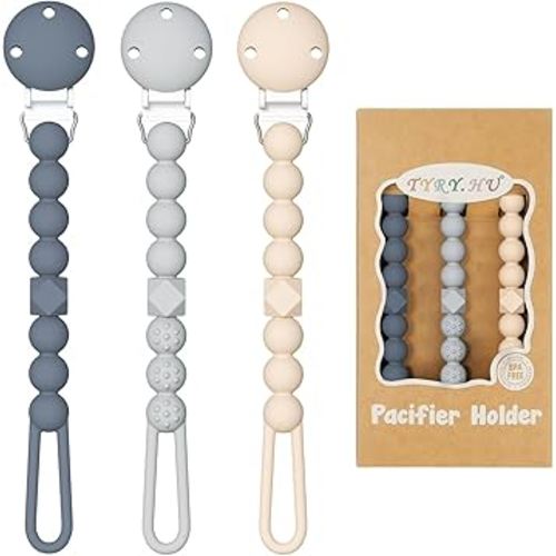 TYRY.HU 3 Pack Silicone Pacifier Holder Clip with One Piece Beads for Boys and Girls, Soft Flexible Pacifier Clip, Rust-Free Binky Clips with Texture, Keeps Pacifier Clean, Fits Most Pacifiers(Grey)
