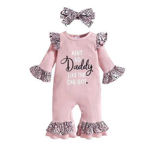 Calsunbaby 2Pcs Toddler Baby Girls Romper Outfits Letter Leopard Print Daddy Flare Sleeves Jumpsuit Headband Pink 6-9 Months