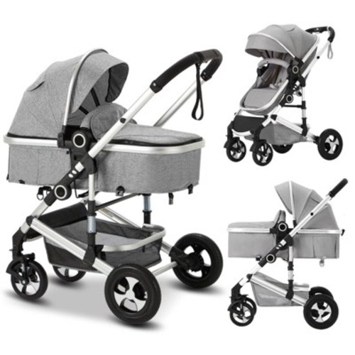 Kinder King Cozi 2 Convertible Baby Stroller, Folding High Landscape Infant Carriage, Adjustable Canopy, Diaper Bag, Anti-Shock, Light Gray