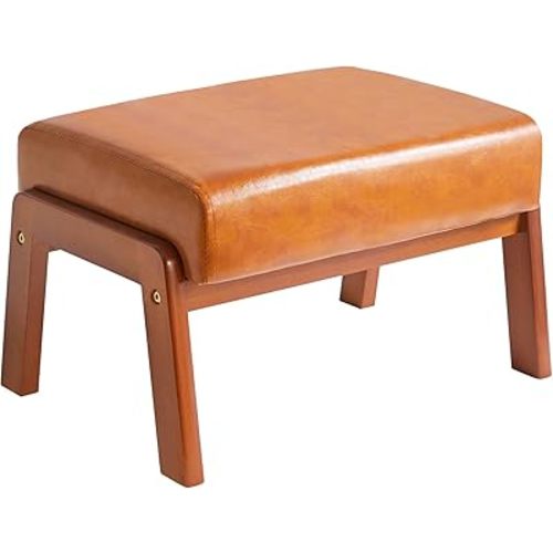 IBUYKE 10.2” H Small Foot Stool Ottoman, Rectangle PU Faux Leather Foot Rest with Padded Seat and Wood Legs, Modern Ottoman Foot Rest for Living Room Bedroom Couch Office, Yellowish-Brown WBD013J