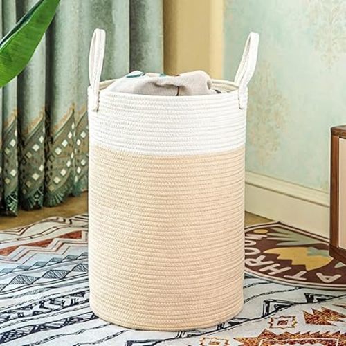 50L Woven Laundry Basket with Handles,Collapsible Cotton Rope Laundry Hamper,Wicker Clothes Hamper Laundry Bin Storage Basket for Blanket Beige