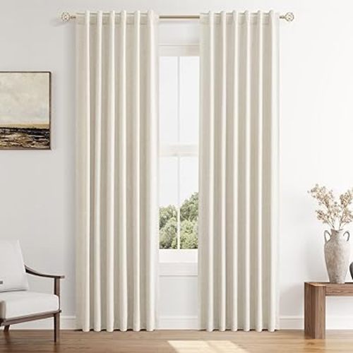 Guken Beige Cream Linen Blackout Curtains 40 Inch Wide by 84 Inch for Living Room Bedroom Back Tab Thermal Insulated 100% Black Out Linen Drapes Room Darkening Window Curtains