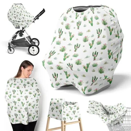 Sweet Jojo Designs Cactus Floral Girl Infant Baby Car Seat Cover Nursing Breastfeeding Shopping Cart Stroller Canopy - Pink and Green Boho Bohemian Watercolor Shabby Chic Desert
