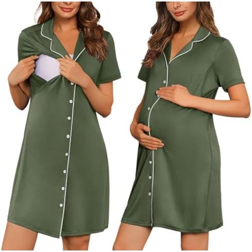 Ekouaer Button Down Nursing Nightgown V Neck Breastfeeding Dress Short Sleeve Classic Maternity Pajamas