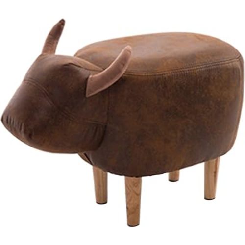 Decorative Buffalo Ottoman Footstool Cute Animal Upholstered Stool for Kids Wooden Footrest, Brown Long Legs
