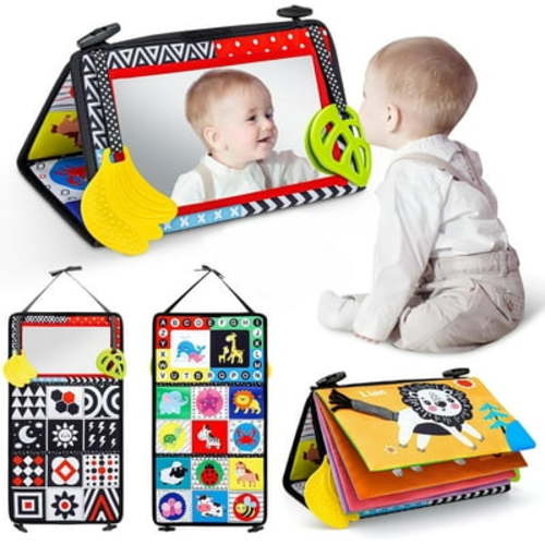 Baby Toys 6-12 Months - Tummy Play Time Mirror Toys with Cloth Books & Teethers -Newborn Baby Sensory Toy Gifts