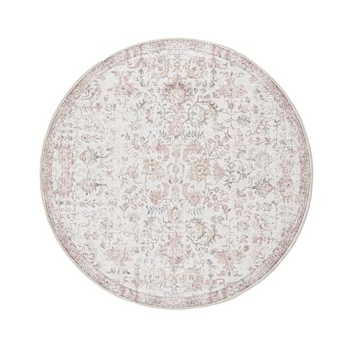 jinchan Round Rug 4ft Area Rug Washable Vintage Indoor Retro Accent Entryway Floor Cover Distressed Floral 4' Round Circle Boho Non Slip Thin Carpet for Kitchen Bedroom Living Room Dining Room Red