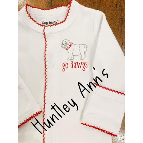 Nb Bulldog Baby Boy Footie. 3m Georgia red picot trim. Go Dawgs newborn sleeper. Baby Shower Gift. Ga fan baby outfit. Bulldog embroidery