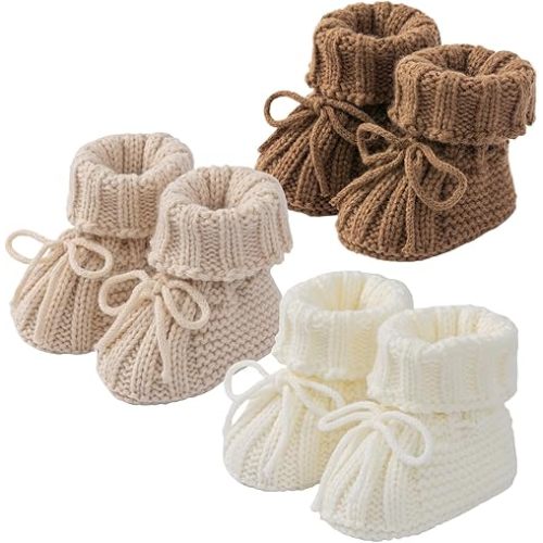 Baby Booties Newborn Soft Knit Sock Shoes for 0-6 Months Infant Girl Boy First Walking 3 Pack