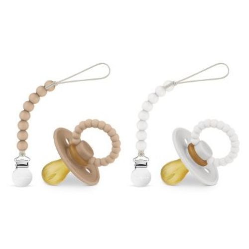 Bleu La La Luladream Pacifier + Clip Set - Natural Rubber Nipple - Soft Teething Handle - for Infants Baby's and Toddlers - Camel + Cream