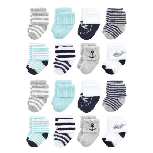 Hudson Baby Cotton Rich Baby Terry Socks 16-Pack, Mint Whale, 0-6 Months
