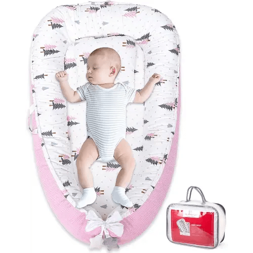 Baby Nest Lounger Pillow for Newborn, Cover Ultra Soft 100% Waffle Organic Cotton for 0-24 Months, Adjustable Breathable & Portable Infant Snuggle (Classic Pine)