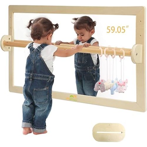 Infant Coordination Mirror Montessori Safety Pull up Bar Baby MirrorAcrylic Non-Glass Early Learning to Walk Mirror Upgrade Dual-Use with Base for Lengthened Version Hanging Toys 59.05”