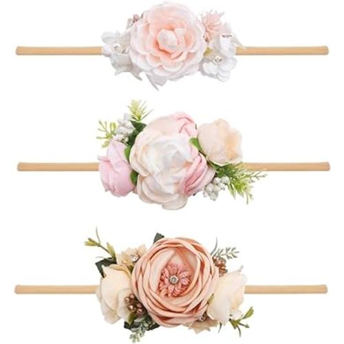cherrboll 3pcs Baby Girl Flower Headbands, Super Soft & Stretchy Nylon Floral Hairbands for Newborn Toddler