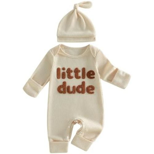 Newborn Baby Boy Fall Clothes Letter Dude Embroidery Jumpsuit Waffle Long Sleeve Romper 2pcs Infant Winter Outfits