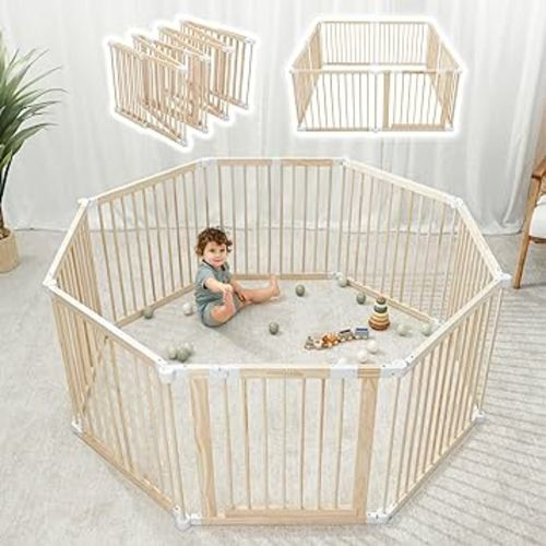Baby Playpen & Baby Gate for Toddler and Babies, Foldable Wooden Large Shape & Size Adjustable Playard, Play Fence with Locking Gate Activity Center, Toddler Fence Play Area Indoor by Comfy Cubs