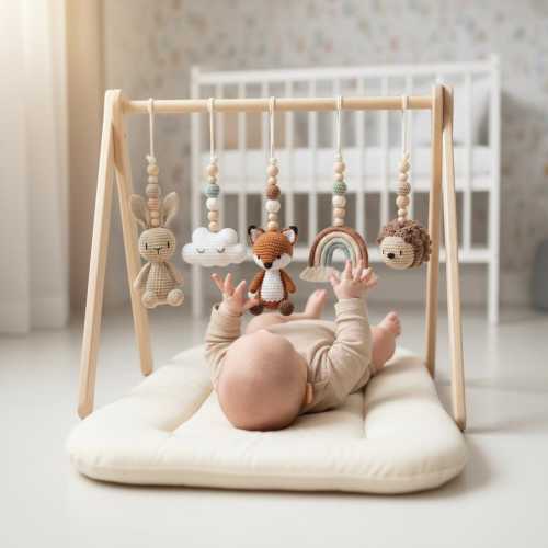 Handmade Custom Woodland Baby Gym | Personalized Wooden Play Gym with Crochet Forest Theme Toys | Neutral Nursery Decor