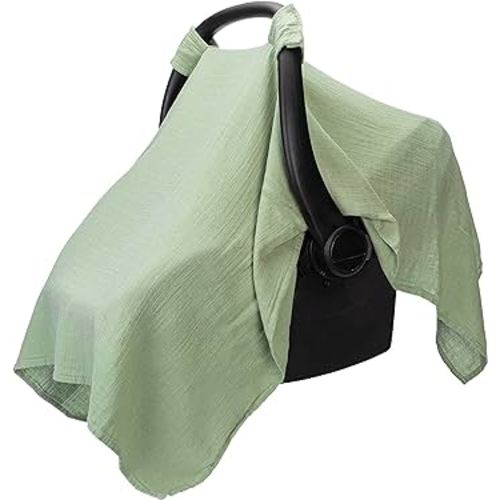 Muslin Cotton Baby Car Seat Cover, Universal Fit Carseat Canopy Covers for Babies, Girls and Boys by Comfy Cubs (Sage)