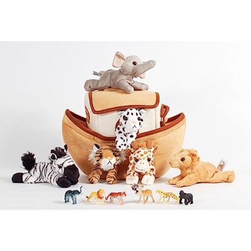 13" Plush Noah's Ark Playset with 6 Stuffed Animals (Elephant, Snow Leopard, Lion, Zebra, Tiger and Giraffe) and 6 Bonus Wild Animal Figures