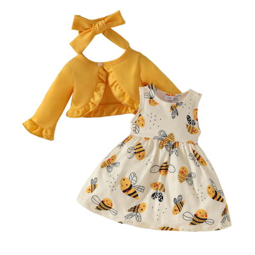 Zszcpp Newborn Kids Sundress Matching Suit Girls Solid Bee Print Long Sleeve Round Neck Breif Coat Tops Cute Dresses Suit 3Pc Clothing Suits