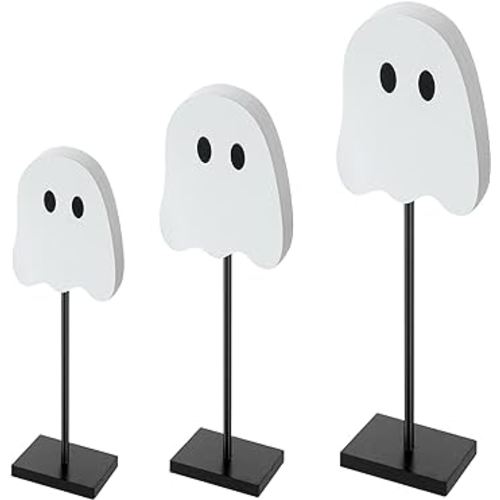3 Pcs Halloween Standing Table Decor Wood Tiered Tray Table Decorations Ghost Cat Bat Candy Corn Table Centerpiece Tall Block Sign Set for Halloween Party Home (Ghost)