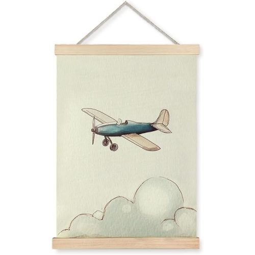 Nipil Vintage Airplane Nursery Poster Hanger Frame, Watercolor Cloudy Sky Scenery Airplane Aviation Hanging Canvas Framed Wall Art Decor for Kids baby Boys Room Nursery Playroom, 12x16 Inch