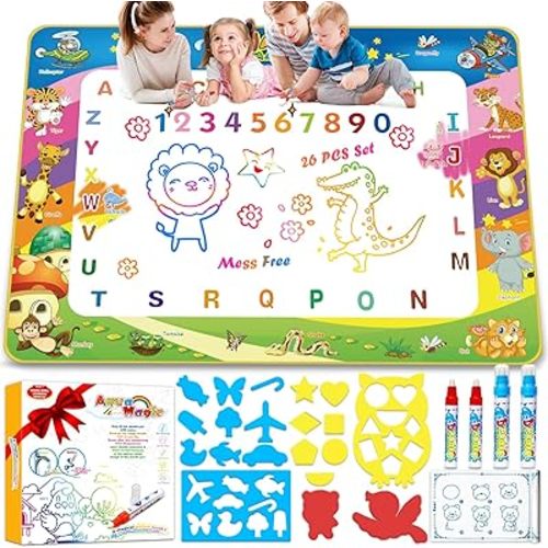 Wedopro Water Doodle Mat 40x30” - Mess-Free Toddler Toys for Ages 3-7 with 27 Pcs | Educational Drawing & Painting Mat for Kids with 24 ABC & Animals | Birthday Gift for Boys & Girls