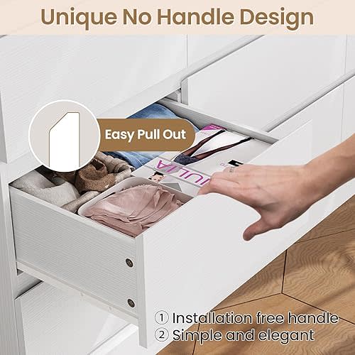 Hasuit Modern White Bedroom Dresser with 9 Drawers, 61.4" Wide Dresser Chest of Drawers with Large Capacity Storage, Long Dresser TV Stand with Power Outlets, Sturdy Storage Cabinet for Living Room