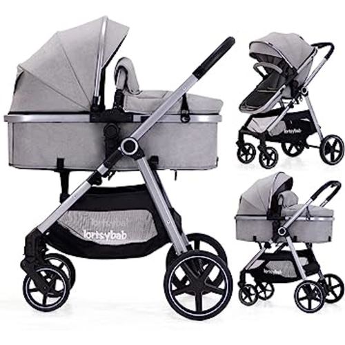 2-in-1 Baby Stroller with Bassinet Mode - Folding Infant Newborn Pram Stroller with Reversible Seat - Toddler Strollers for 0-36 Months Old Babies (Gery)
