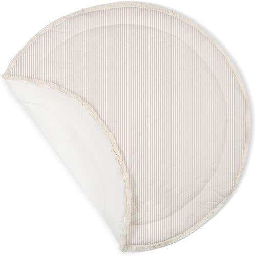 Organic Play Mat Washable Reversible Non Toxic Activity Mat Tummy Time Crawling Pad Thick Quilted (Round 48", Beige Stripes)
