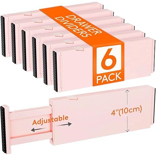 Lifewit 6 Pack Drawer Dividers 4" High, 11-17" Adjustable Drawer Organizers for Clothes, Expandable Dresser Separators in Bedroom/Bathroom/Kitchen/Fridge/Office Organization and Storage, Pink