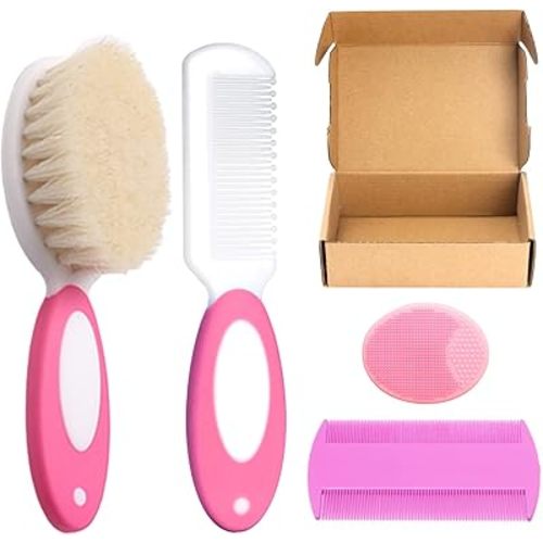 Baby Hair Brush and Comb Set, 4Pcs Baby Soft Bristles Brush Cradle Cap Brush Hair Comb for Newborns Toddlers Boys Girls (Pink)