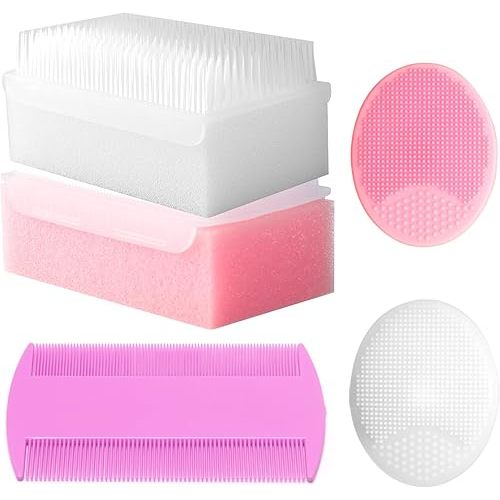 Cradle Cap Brush for Babies, Baby Bath Essentials with Silicone Scrubber Bath Sponge Dual-Sided Comb for Newborns Toddlers Boys Girls (Pink, Set of 5)