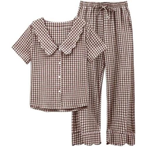 Tanming Womens Gingham 2 Piece Pajamas Sets Puff Sleeve Babydoll Shirt Ruffle Pants Pj Lounge Set Sleepwear