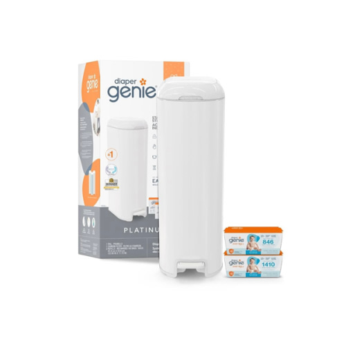 Diaper Genie Platinum Pail Gift Set, Lily White, Made of Durable Stainless Steel and Includes 2 Easy Roll Refills with 18 Bags and 30 Bags