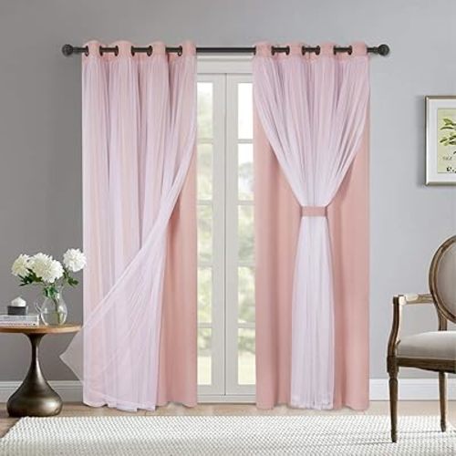BONZER Mix and Match Blackout Curtains Grommet Double-Layered Curtains with White Sheer Voile for Living Room, Blush, 52x84 Inch, Set of 2 Panels