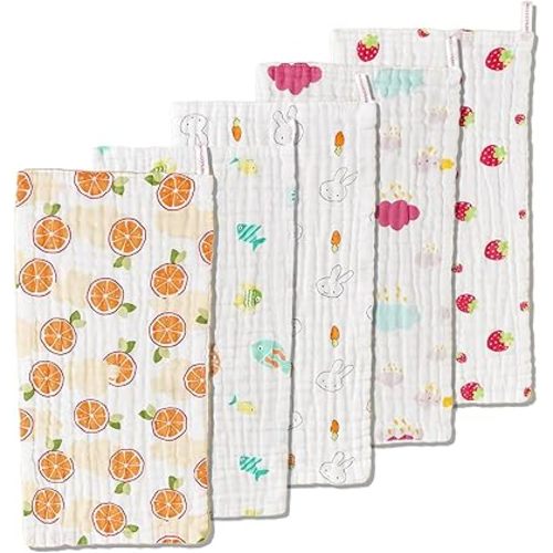 ZONEY 5 Pack Muslin Cloths for Baby, Muslin Squares Soft Burp Cloths, 6 Layers Soft and Absorbent, Newborn Hand Washcloths Baby Wash Cloths,50x25CM (Multicolor-1)