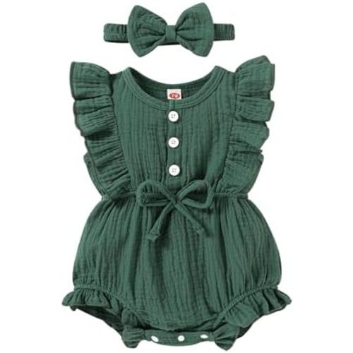 Happy Town Newborn Baby Girl Summer Clothes Infant Linen Romper Ruffle Sleeve Baby Girl Jumpsuit Outfits