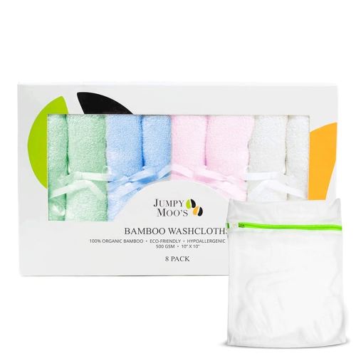 Jumpy Moo's Baby Washcloths - 100% Rayon from Bamboo, Ultra Thick 10x10 inches, Gentle on Delicate Skin, Perfect for Girls and Boys, Includes Giftbox & Laundry Bag