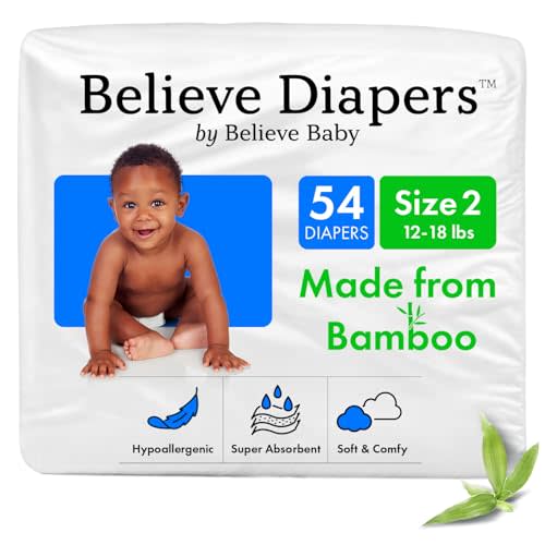 Believe Diapers Size 2 (12-18 Lbs) Viscose Bamboo Diapers 54 Count – Natural Baby Diaper, Chemical Free and Fragrance Free Natural Diaper for Sensitive Skin, Super Absorbent with Leak Protection