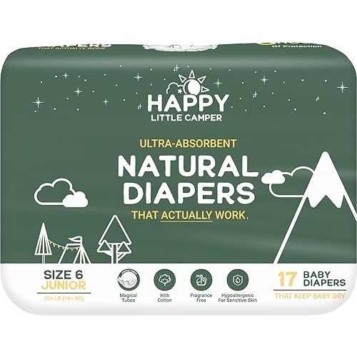 Happy Little Camper Ultra-Absorbent Natural Baby Diapers Size 6 - Hypoallergenic & Chlorine-Free Disposable Diapers Safe for Sensitive Skin - Unscented Junior Diapers - 17 Count