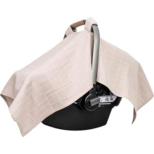 100% Organic Cotton Muslin Car Seat Cover for Babies - Lightweight, Breathable Infant Car Seat Canopy to Protect from Sunlight and Dust - Fits Any Infant Car Seats - 44"x30" (Brown)