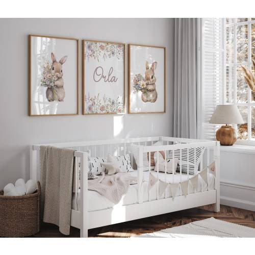 Bunny Nursery Prints,Girl Nursery Prints,Nursery Wall Decor,Pink,Floral,Baby Girl,Rabbit,Personalised,New Baby Gift,Bedroom,Wall Art,Floral