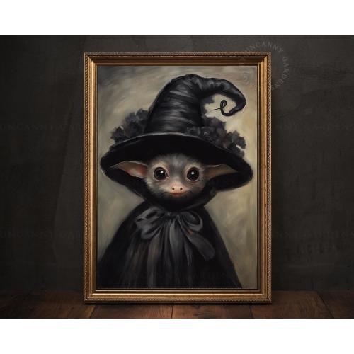 Cute Baby Bat Halloween Wall Art, Gothic Halloween Decor, Victorian Goth, Witchy Room Decor, Witch Familiar Animal, Whimsical Wall Art 213