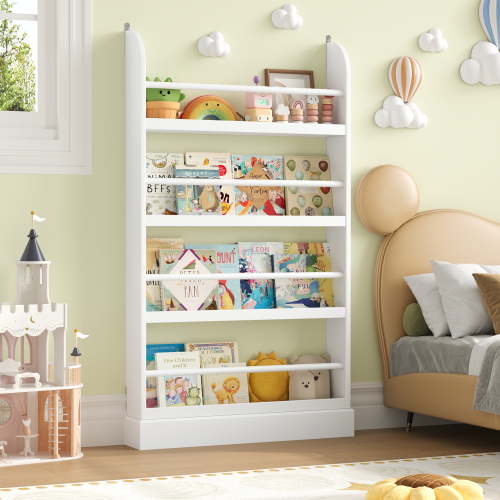 Homfa 4 Tier Kids Bookshelf, Wall Storage Bookshelf Organizer for Playroom Kids Room, White Finish