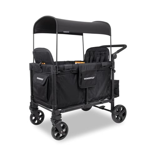 WONDERFOLD W4 Elite Pro Stroller Wagon (4 Seater) - Collapsible Wagon Stroller with Seats with 5-Point Harnesses, Adjustable Push Handle, and Adjustable Sun Canopy, Jet Black