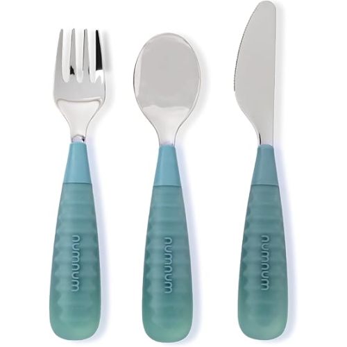 NumNum Toddler Utensils, Pre-Spoon, Fork, Spoon & Knife GOOtensils - 4th Stage Silverware Feeding Kids Aged 2+ Years w/Stainless Steel Heads - Silicone Food Feeding Supplies - Set of 3, Sea Green