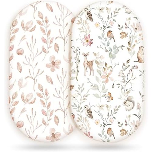 Stretchy Ultra Soft Fitted Bassinet Sheet Set 2 Pack, Universal Fit for Bassinets Baby Cradle Moses Basket Oval Rectangle Mattress Safe and Snug, Beautiful Blush Pink Floral and Cute Animals Print